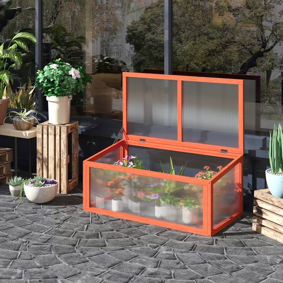 Mini serre bois sapin polycarbonate pour semis croissance toit ouvrant 90x46x40cm orange - ComfortXL Outdoor Living - Image 4