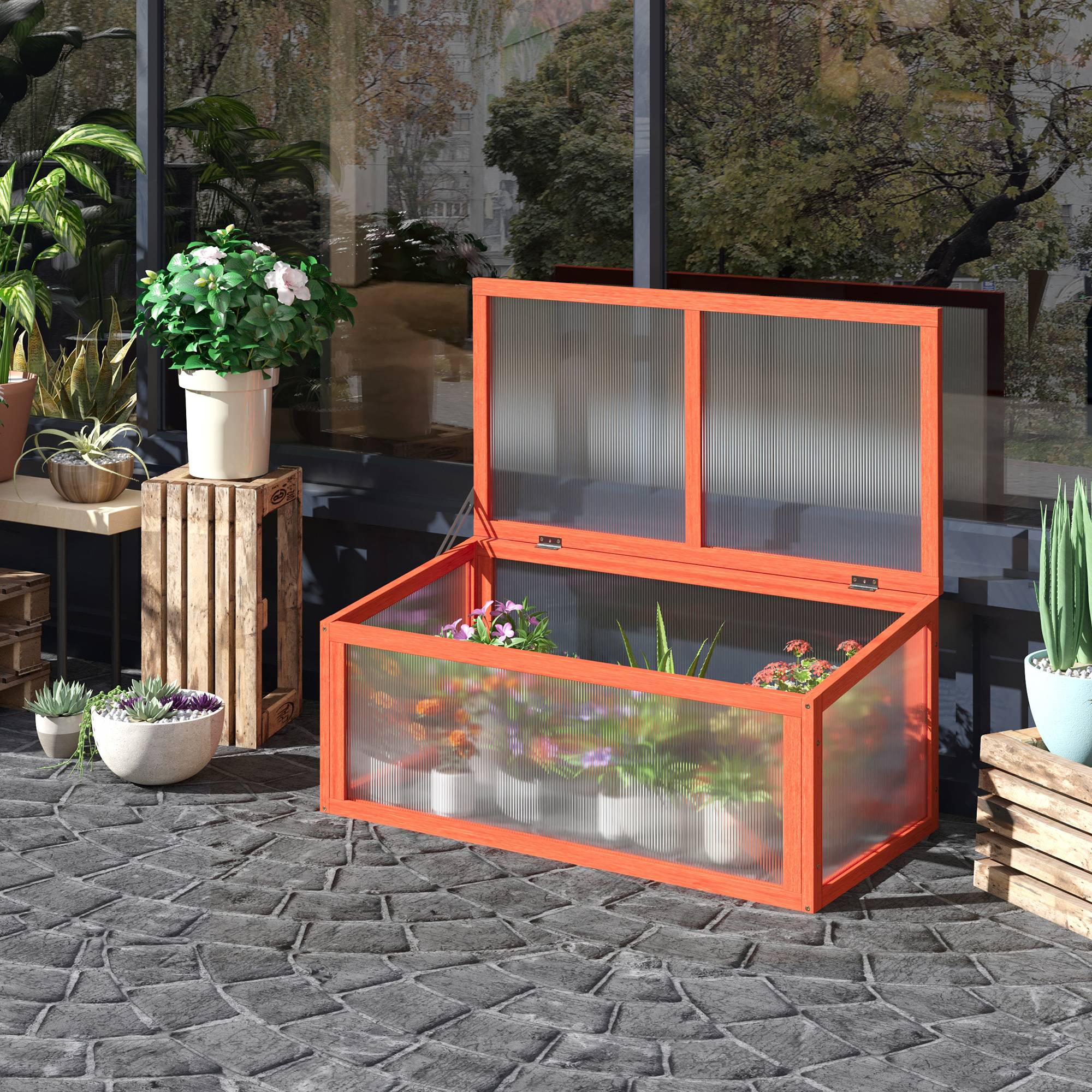 Mini serre bois sapin polycarbonate pour semis croissance toit ouvrant 90x46x40cm orange - ComfortXL Outdoor Living - Image 4