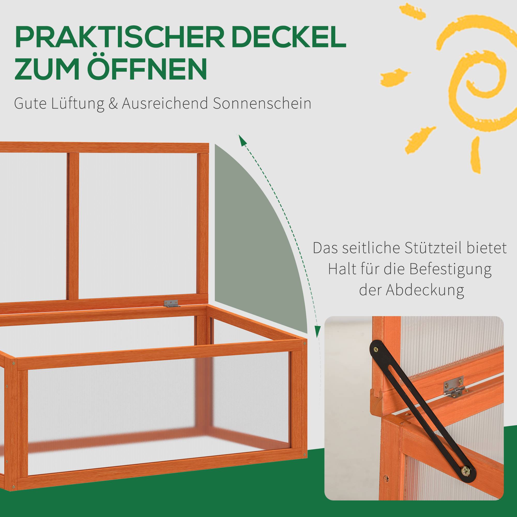Mini serre bois sapin polycarbonate pour semis croissance toit ouvrant 90x46x40cm orange - ComfortXL Outdoor Living - Image 7