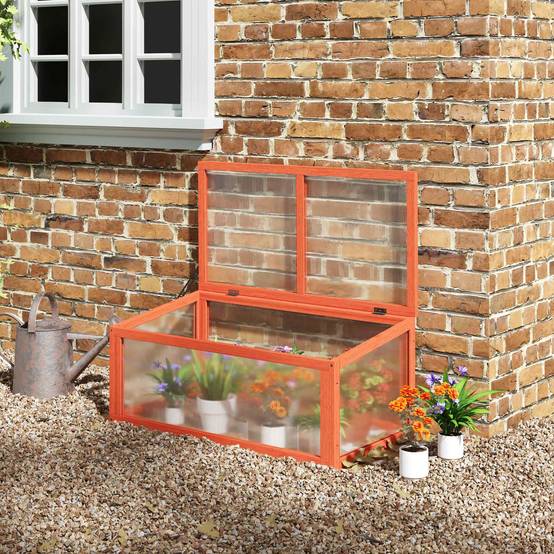 Mini serre bois sapin polycarbonate pour semis croissance toit ouvrant 90x46x40cm orange - ComfortXL Outdoor Living - Image 3