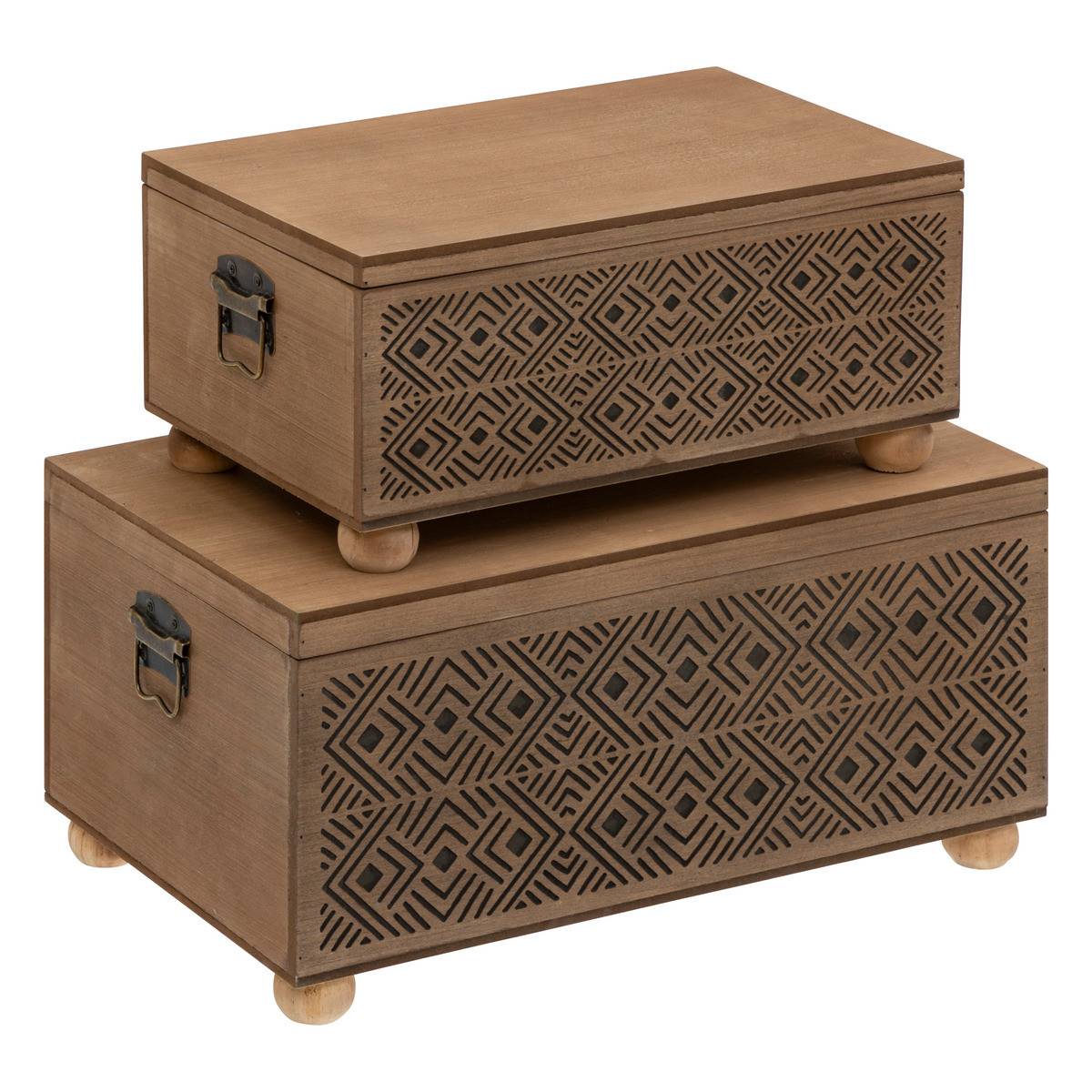 Set de 2 Malles de rangement en bois marron gravé L 51 et L 41 cm - Image 1
