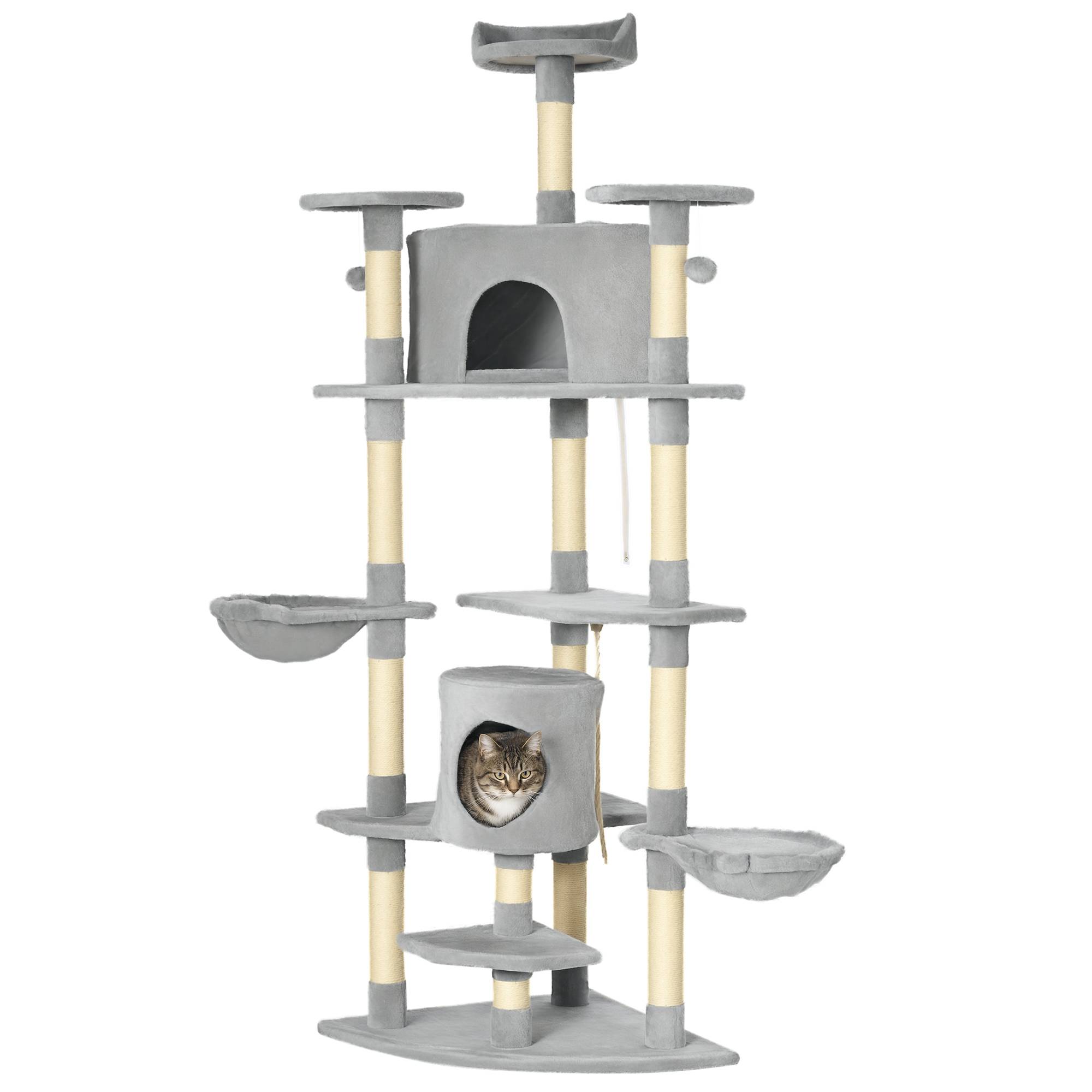 Arbre à chat XXL arbre à grimper pour chat multi-équipements griffoirs 6 plate-formes 2 niches hauteur 200 cm gris - Image 1