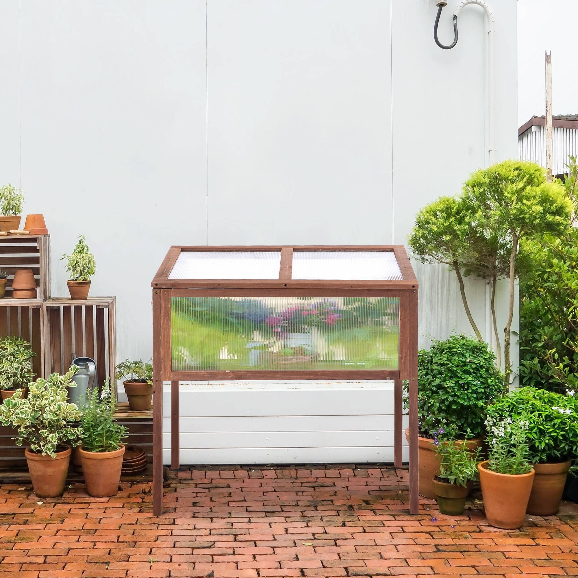 Carré potager sur pied bois sapin balcon toit ouvrant protection froid 90x50x93cm marron - ComfortXL Outdoor Living - Image 4