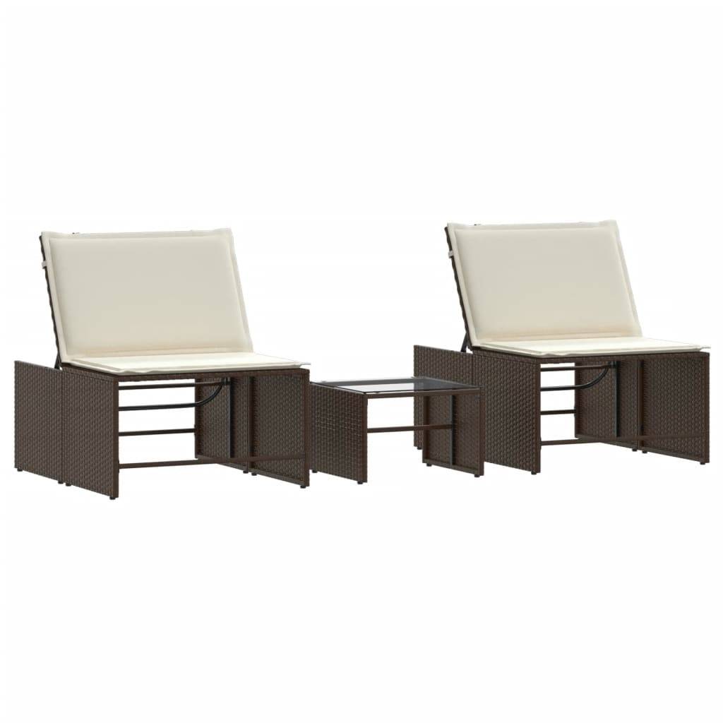 Chaises longues 2 pièces avec table en résine tressée marron 70 x 98 x 40 cm - PANGIVO - Image 2