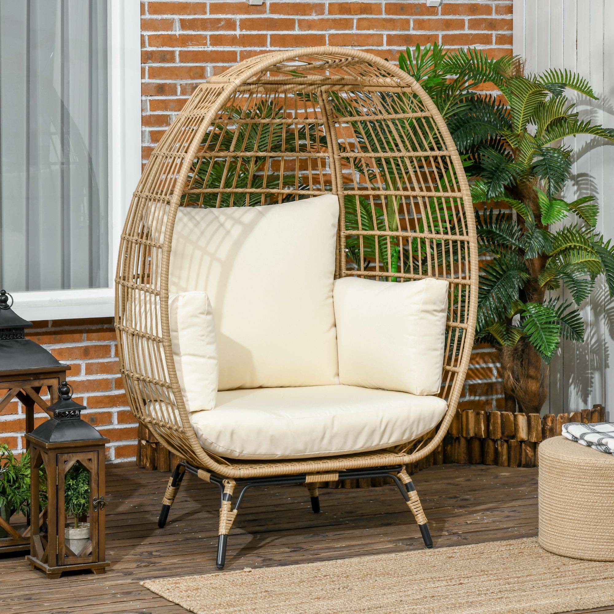 Fauteuil Œuf Rotin Acier Jardin Balcon Détente Kaki 105x90x148cm - ComfortXL Outdoor Living - Image 1