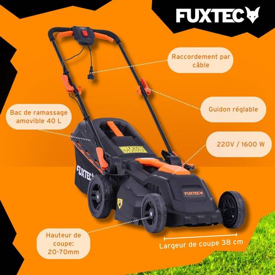 FUXTEC - Tondeuse à Gazon électrique Filaire Poussée - FUXTEC FX-RME38 - 12Kg, Largeur Coupe 38cm, Bac 40L, Hauteur 20mm - 70mm - Image 6