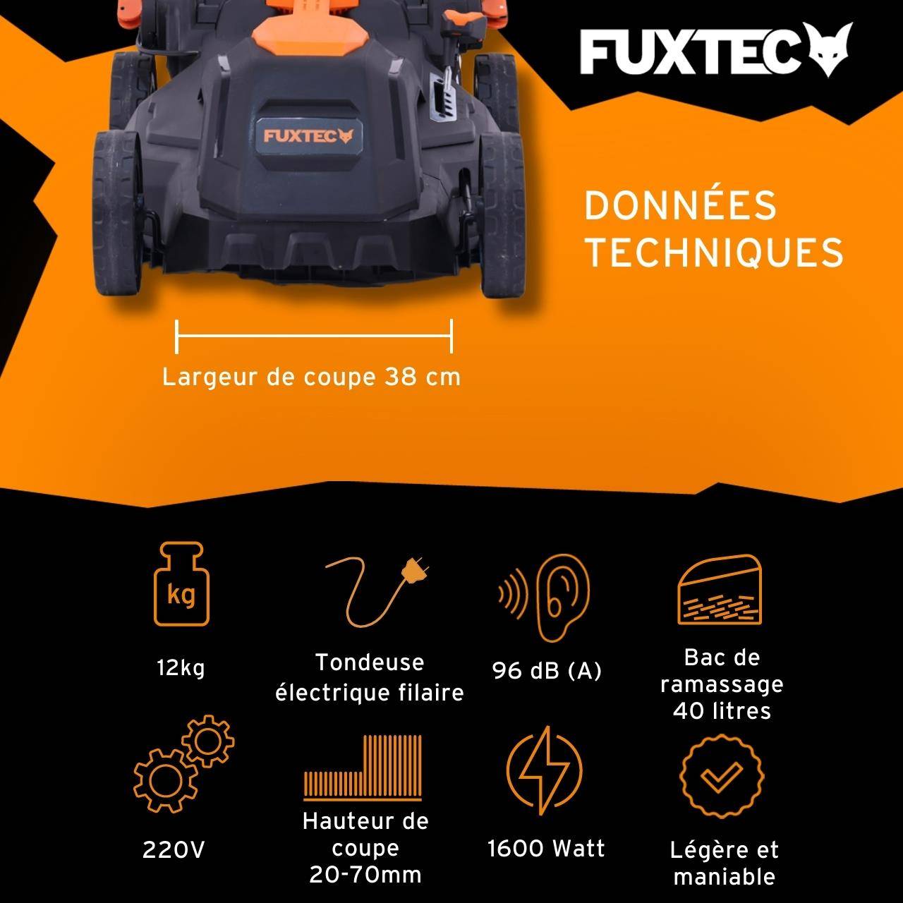 FUXTEC - Tondeuse à Gazon électrique Filaire Poussée - FUXTEC FX-RME38 - 12Kg, Largeur Coupe 38cm, Bac 40L, Hauteur 20mm - 70mm - Image 3