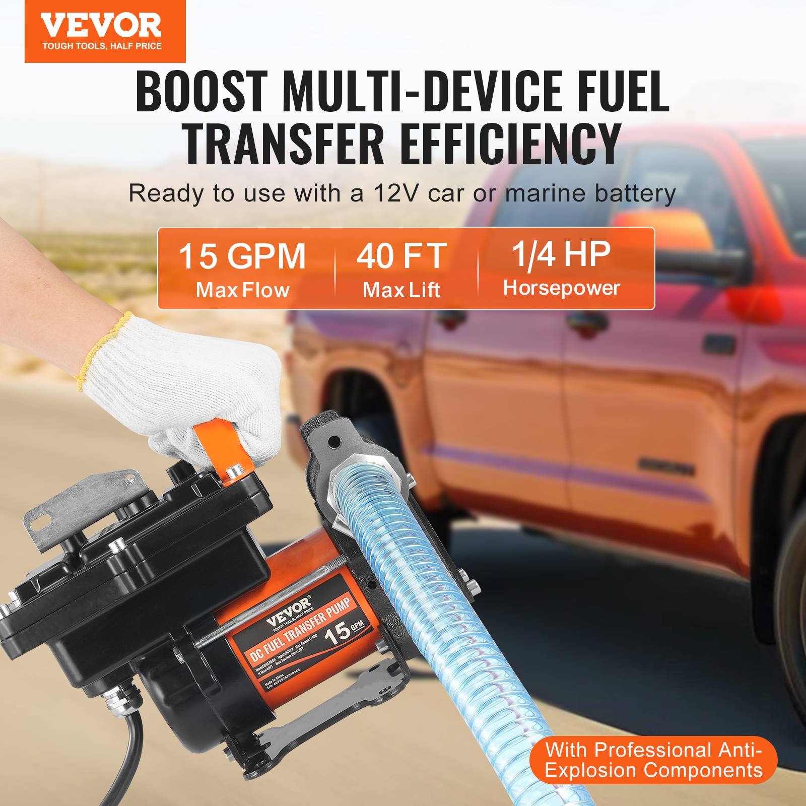 VEVOR Pompe diesel 12V, 15 GPM, 1/4 HP, portable avec buse auto-arrêt, multi-carburants. - Image 2
