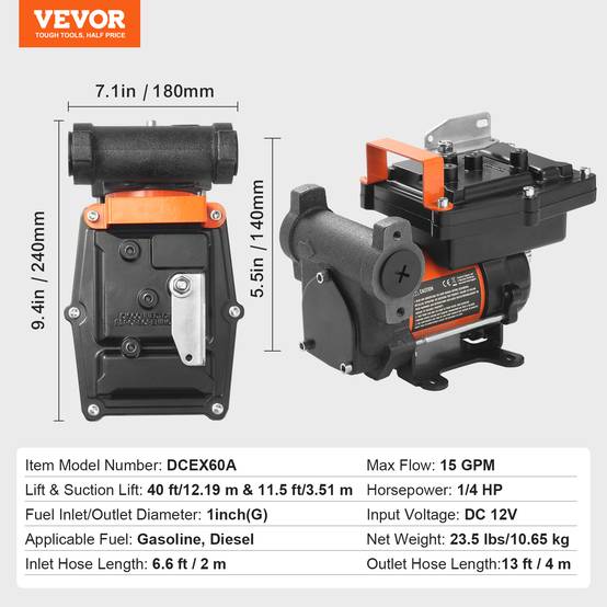 VEVOR Pompe diesel 12V, 15 GPM, 1/4 HP, portable avec buse auto-arrêt, multi-carburants. - Image 7