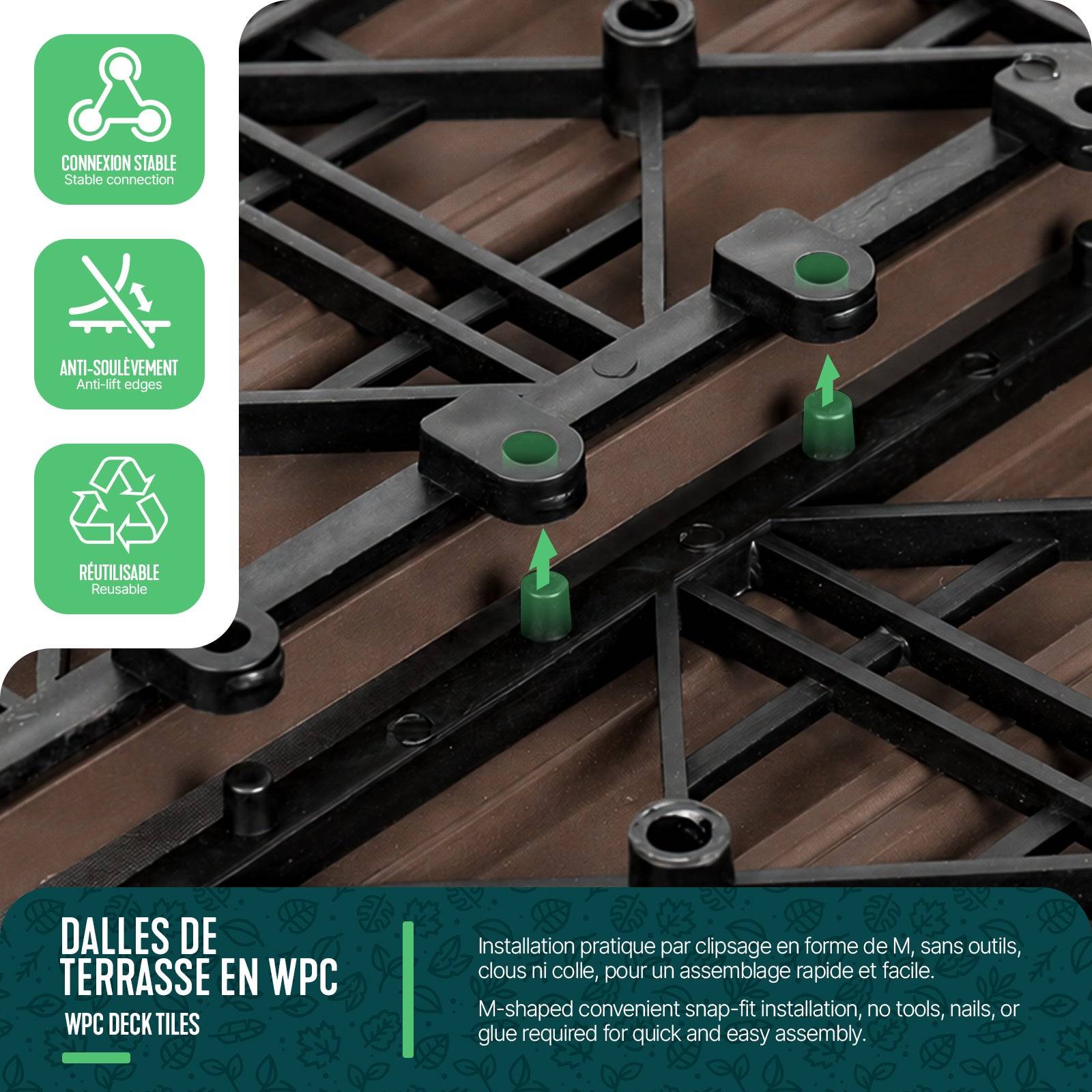 Vounot - Lot de 16 Dalles clipsables extérieur 30x30 cm - WPC - Caillebotis de terrasse antidérapant et drainant - Marron - VOUNOT® - Image 5