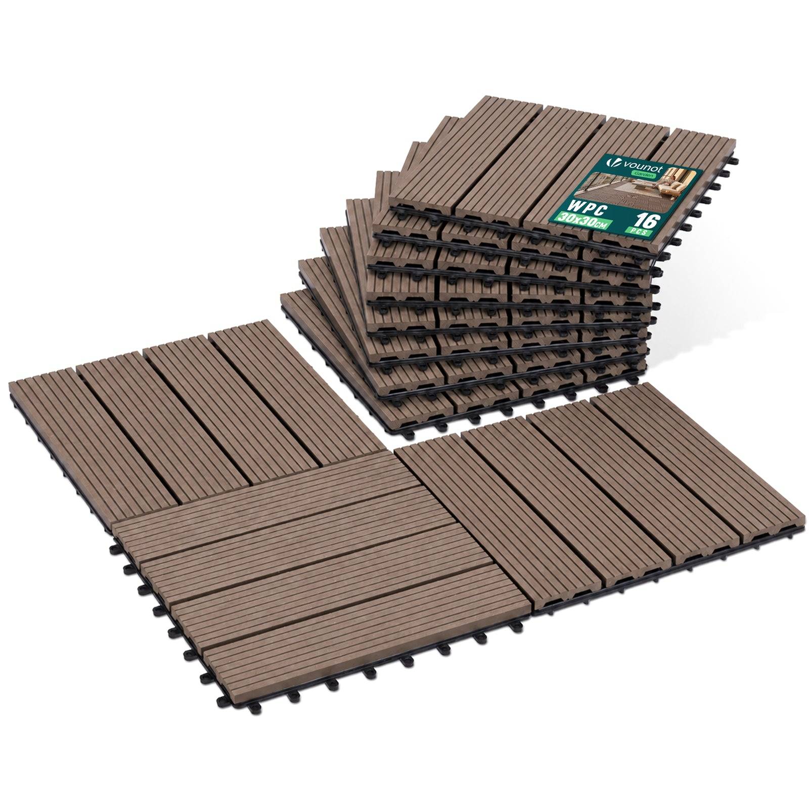 Vounot - Lot de 16 Dalles clipsables extérieur 30x30 cm - WPC - Caillebotis de terrasse antidérapant et drainant - Marron - VOUNOT® - Image 1