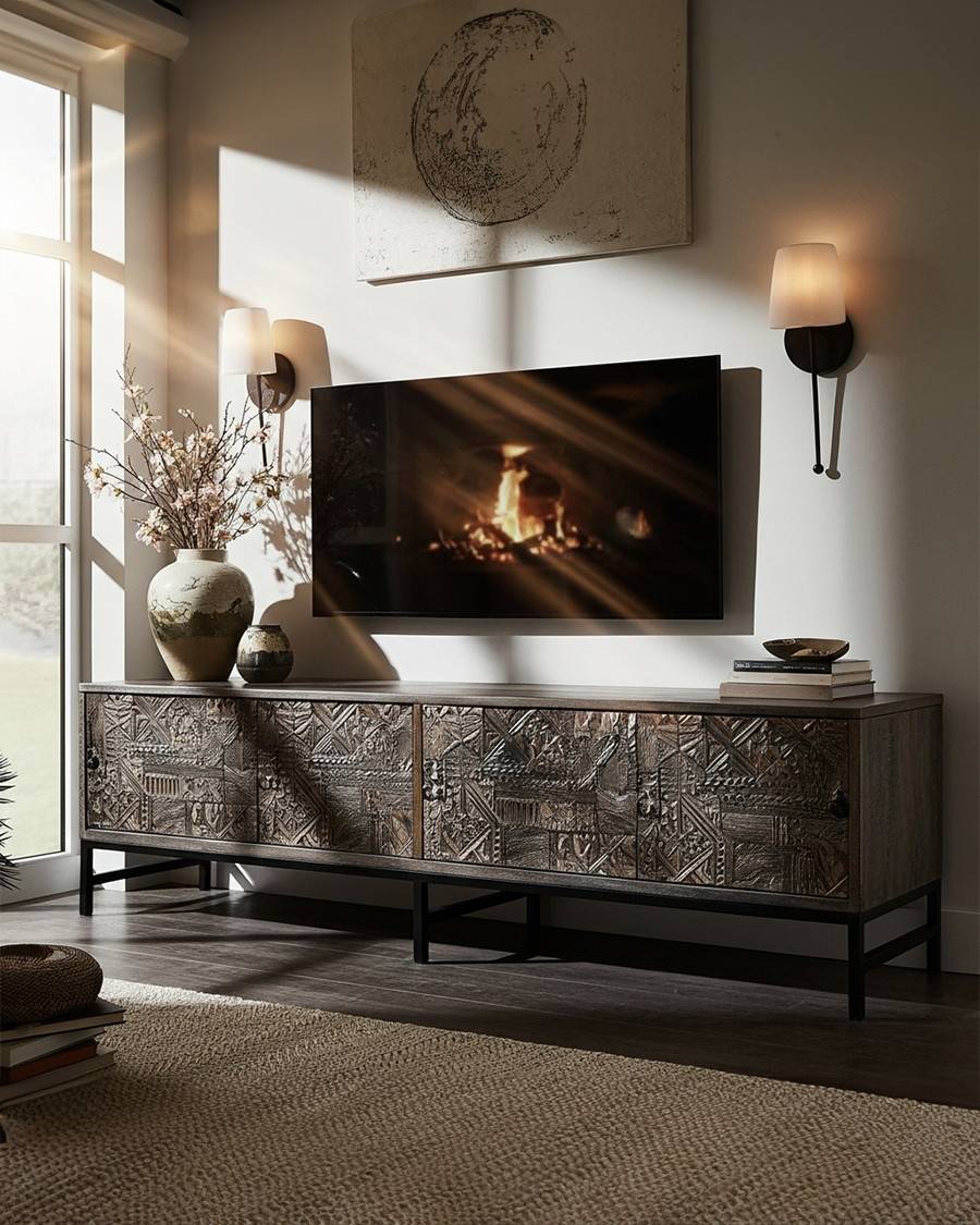 Hawaï - Meuble  noir en manguier massif sculpté 160 cm - UNIQKA - Image 2
