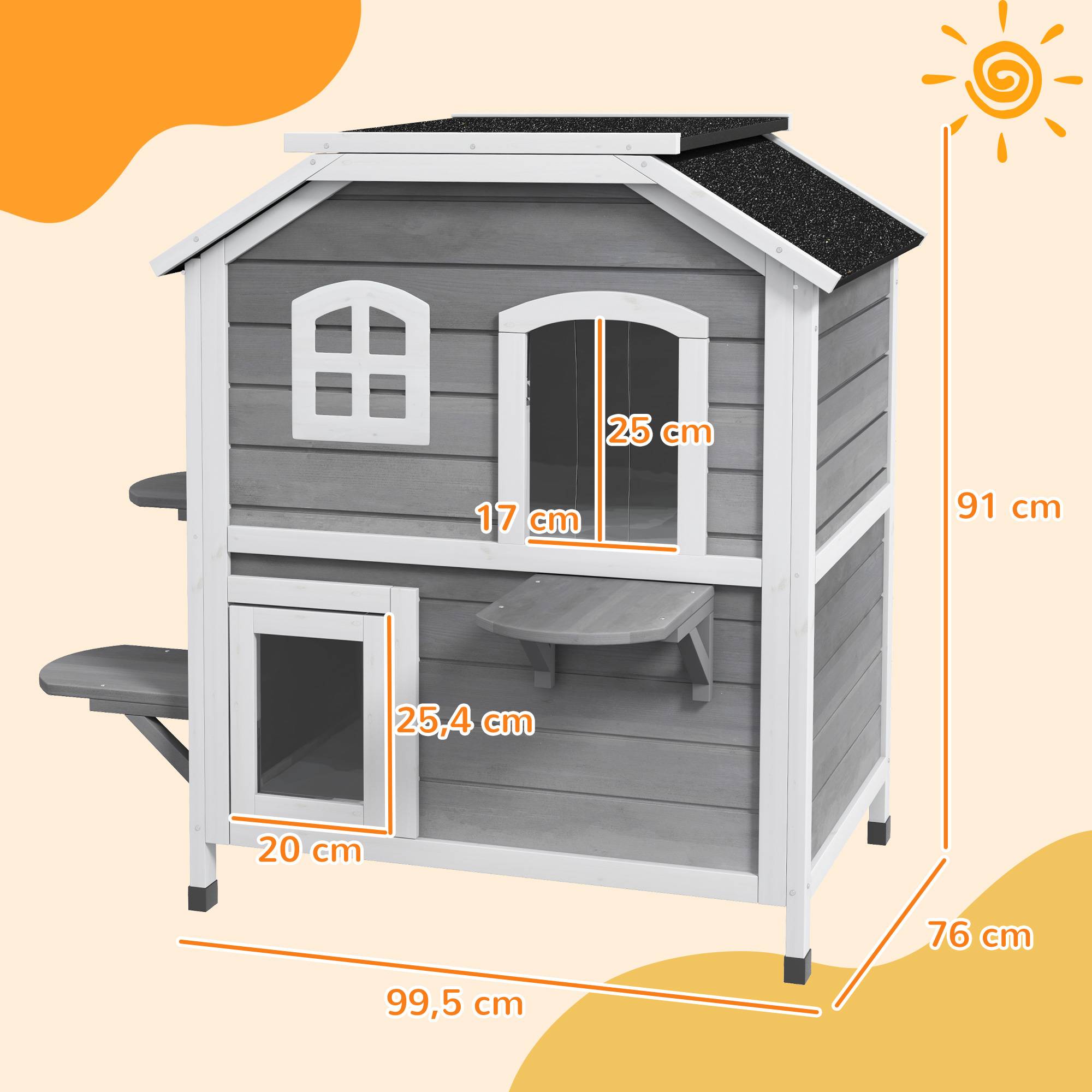 ComfortXL - Maison pour chat en sapin gris et blanc 99,5 x 76 x 91 cm à 2 étages avec toit ouvrant pour intérieur extérieur - Image 3