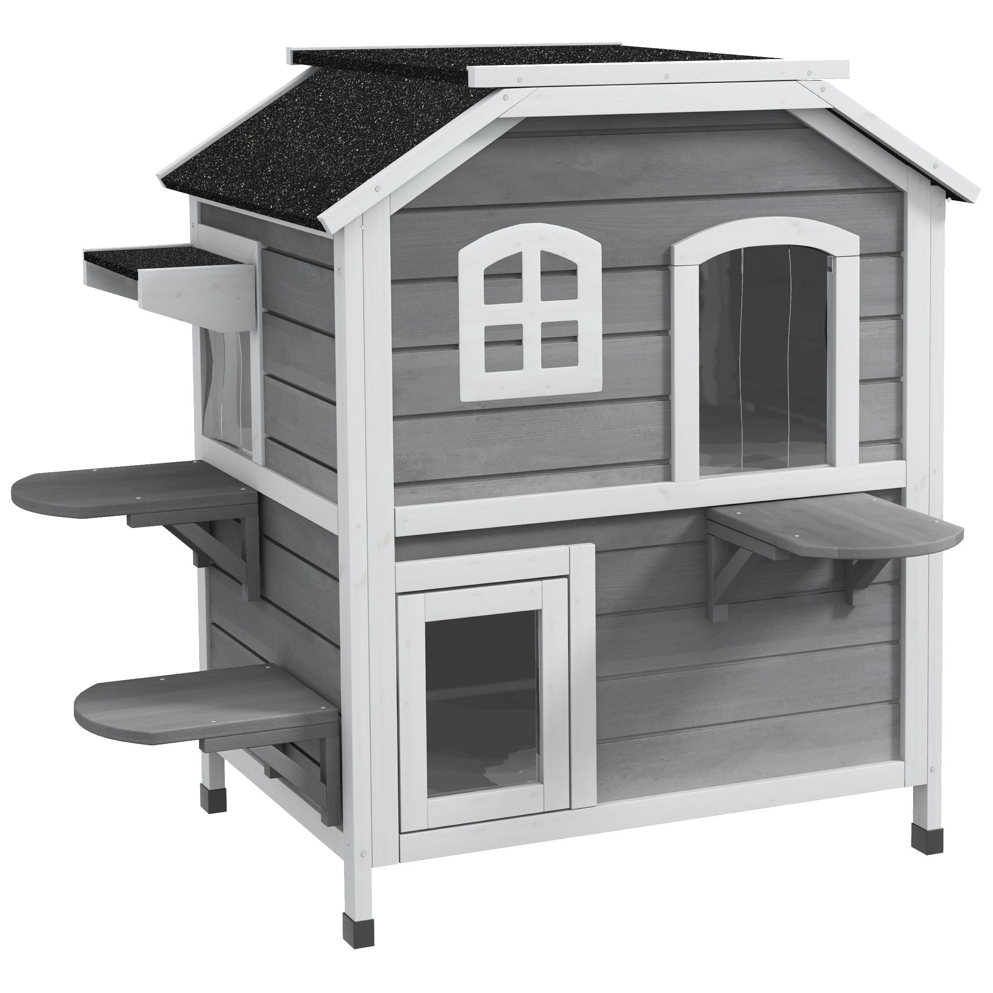 ComfortXL - Maison pour chat en sapin gris et blanc 99,5 x 76 x 91 cm à 2 étages avec toit ouvrant pour intérieur extérieur - Image 10