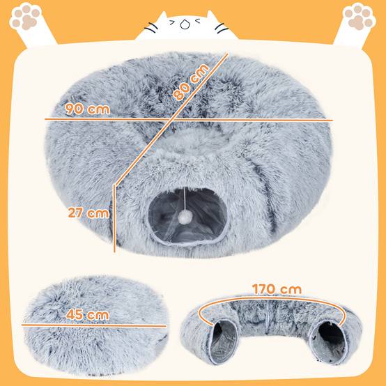 Tunnel pour Chat Intérieur avec Lit de Chat en Forme de Donut, Coussin Circulaire Lavable, 90x80x27cm, Gris Clair - Image 5