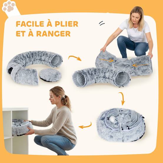 Tunnel pour Chat Intérieur avec Lit de Chat en Forme de Donut, Coussin Circulaire Lavable, 90x80x27cm, Gris Clair - Image 10