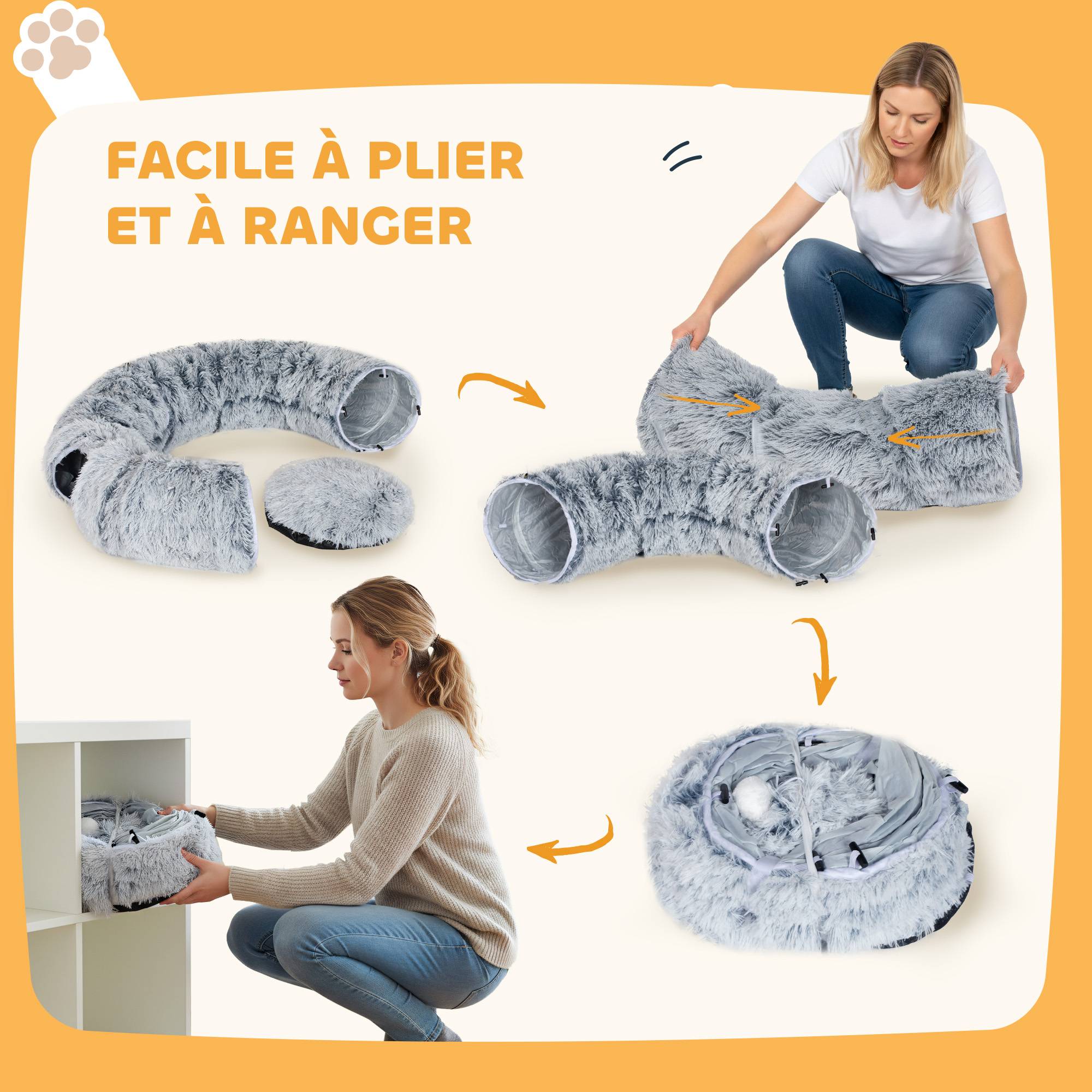 Tunnel pour Chat Intérieur avec Lit de Chat en Forme de Donut, Coussin Circulaire Lavable, 90x80x27cm, Gris Clair - Image 10