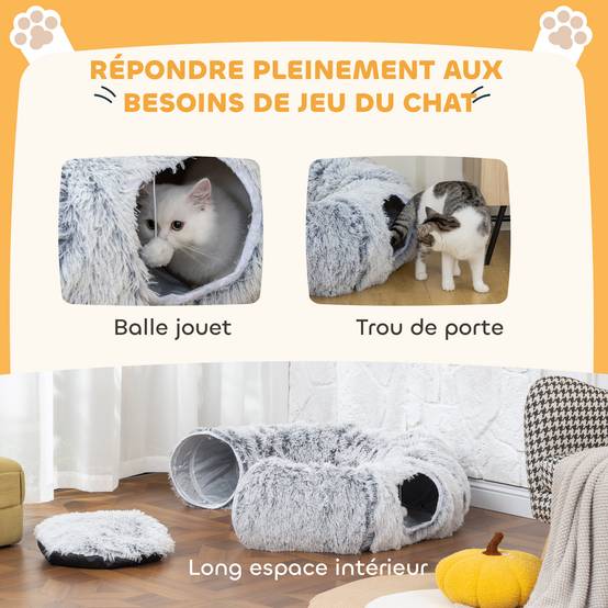 Tunnel pour Chat Intérieur avec Lit de Chat en Forme de Donut, Coussin Circulaire Lavable, 90x80x27cm, Gris Clair - Image 8