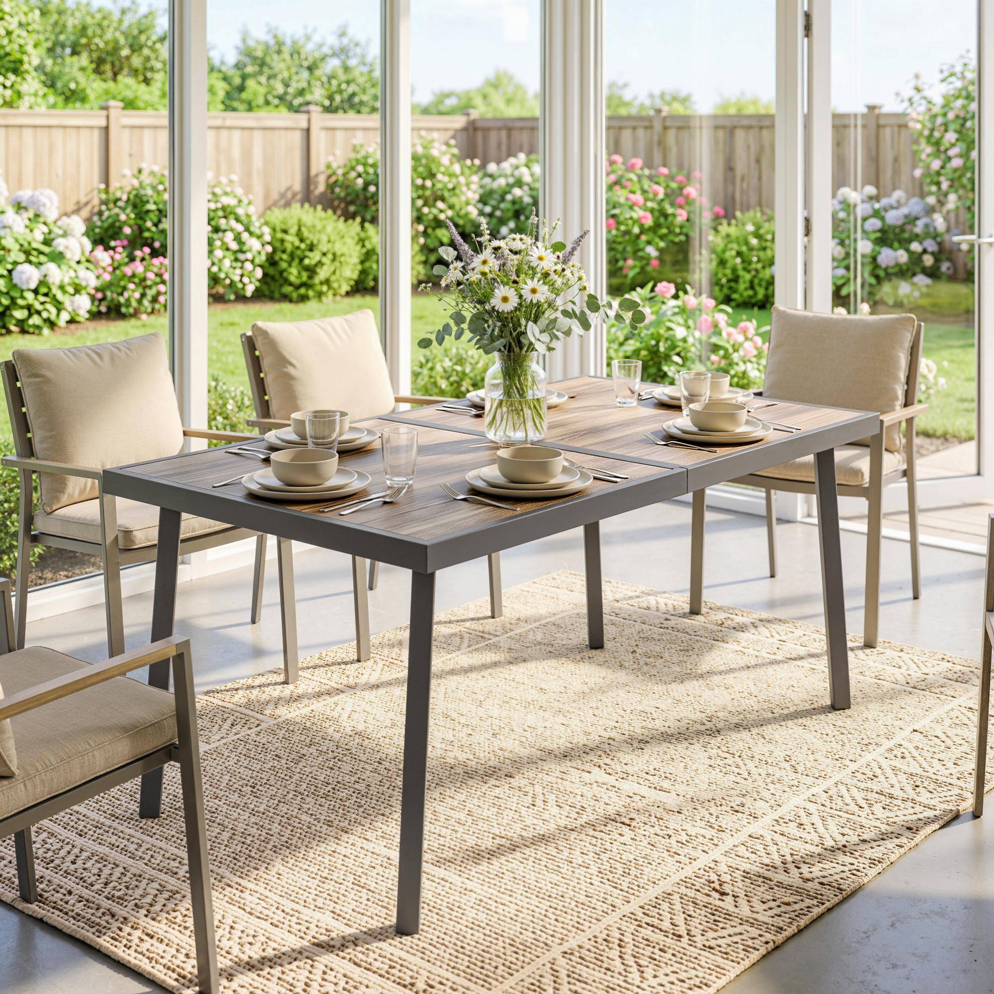 Table jardin rectangulaire 6 personnes effet bois acier PSPC, 145x85x72 cm gris - Image 9