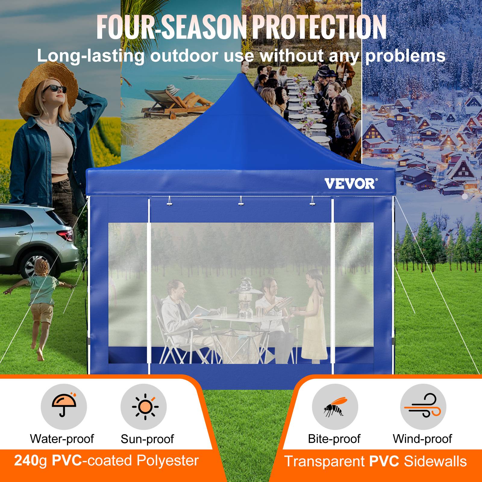 VEVOR Tonnelle 3x3m imperméable pop-up parois latérales, abri pliable résist.UV, sac roulettes, bleu, jardin. - Image 3