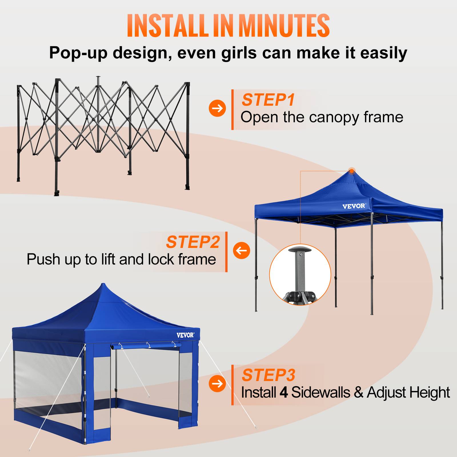 VEVOR Tonnelle 3x3m imperméable pop-up parois latérales, abri pliable résist.UV, sac roulettes, bleu, jardin. - Image 5