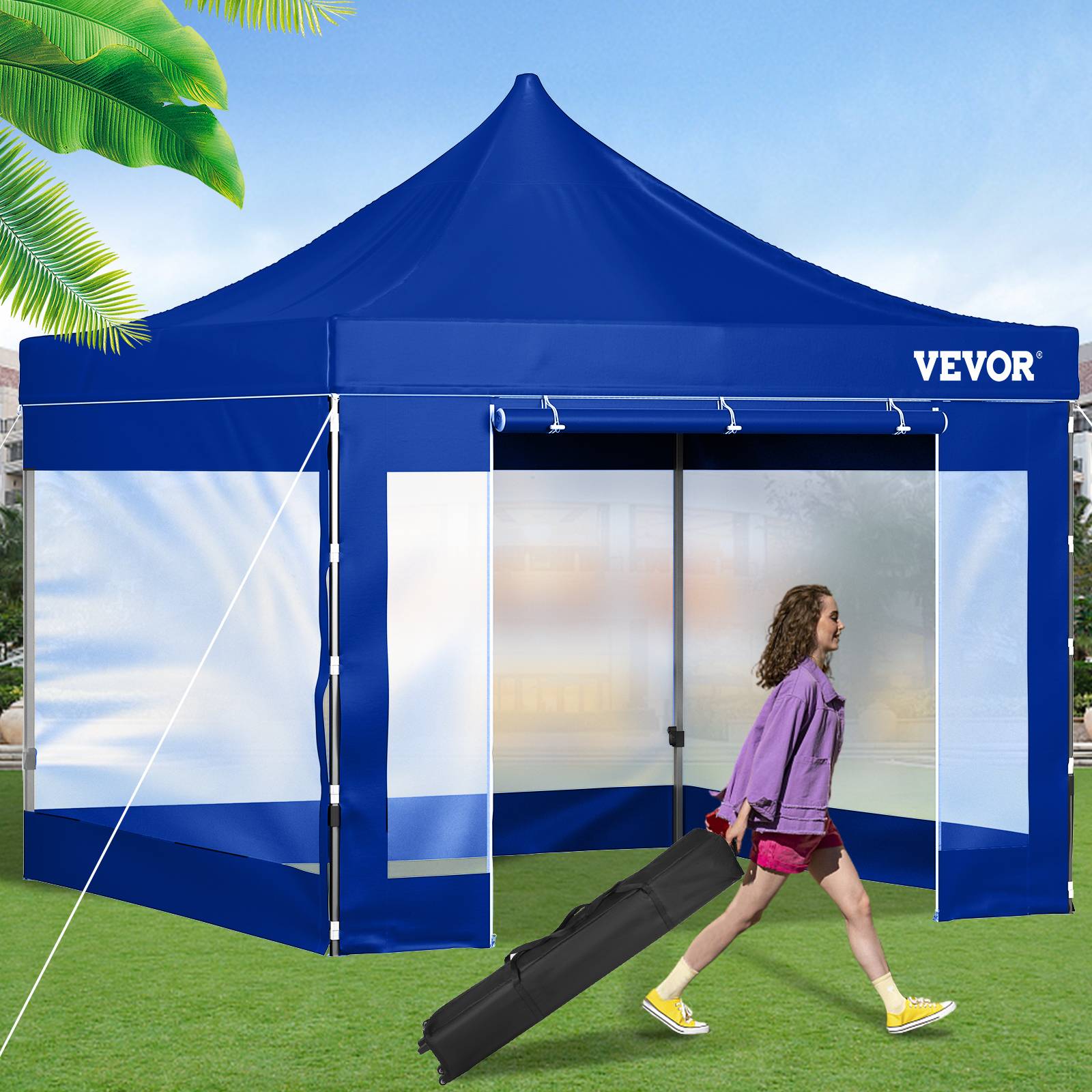 VEVOR Tonnelle 3x3m imperméable pop-up parois latérales, abri pliable résist.UV, sac roulettes, bleu, jardin. - Image 8