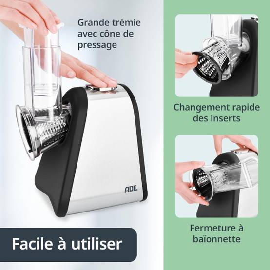 0 - Râpe électrique - ADE - KITCHEN GADGETS - 4 types de Râpes - Acier inoxydable/plastique - 29,2 x 21,3 x 25 cm - Image 4