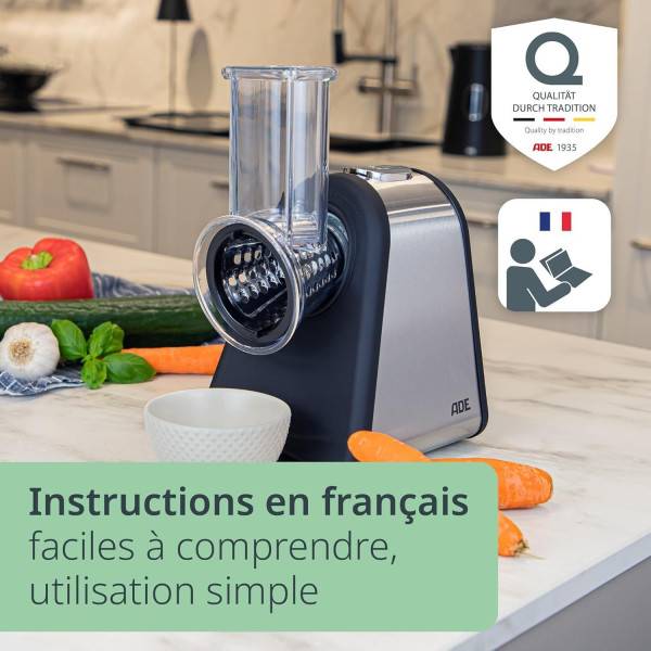 0 - Râpe électrique - ADE - KITCHEN GADGETS - 4 types de Râpes - Acier inoxydable/plastique - 29,2 x 21,3 x 25 cm