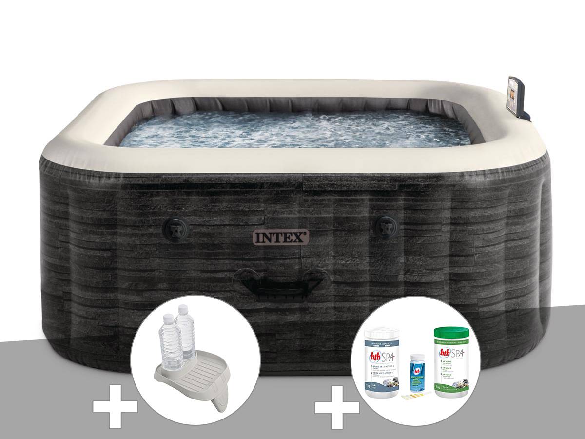 Kit spa gonflable Intex PureSpa Ardoise carré Bulles 4 places + Porte-verre + Kit de traitement brome