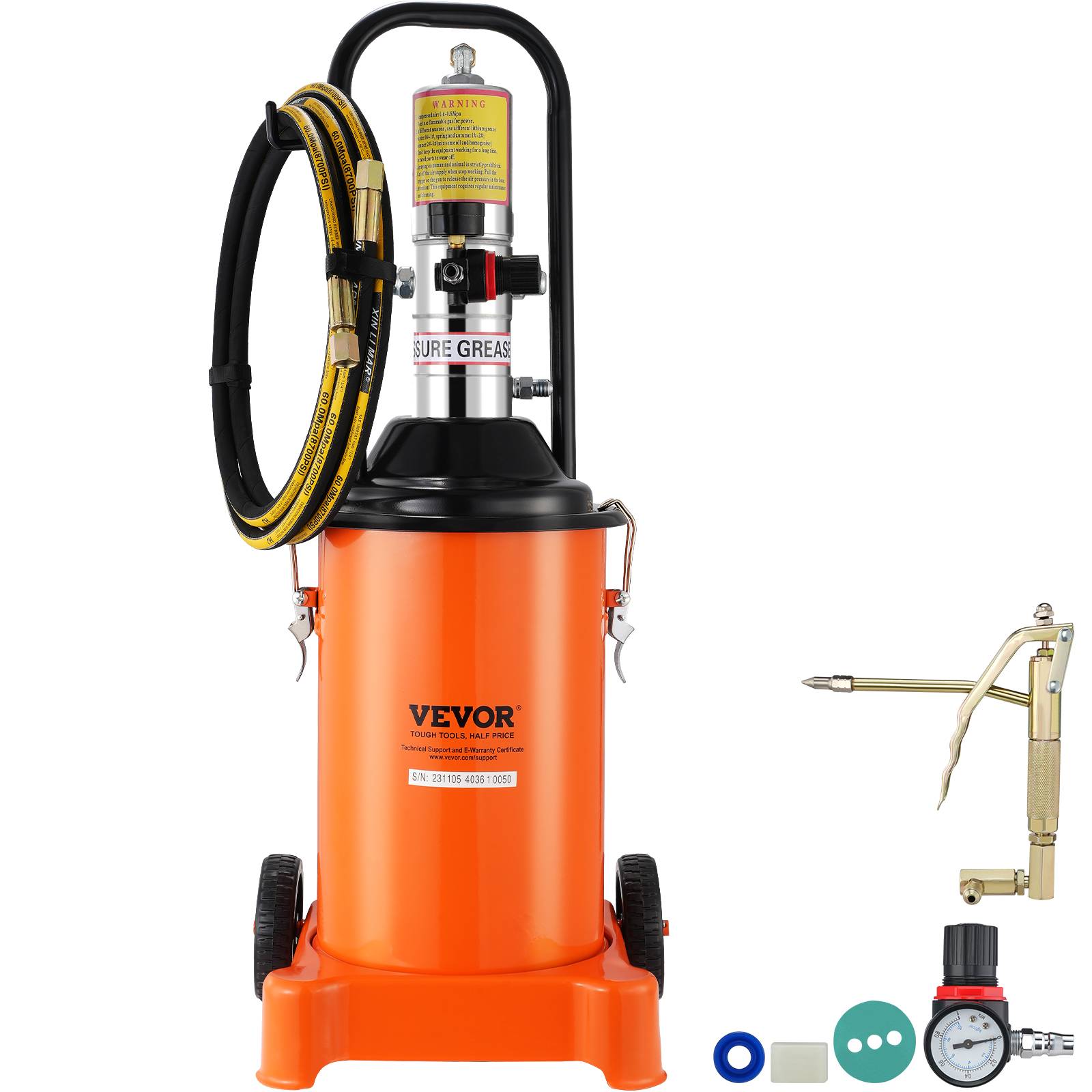 VEVOR Pompe graisse pneumatique 50:1, seau 12 L, tuyau 4 m, buse 360°. Roues. - Image 1