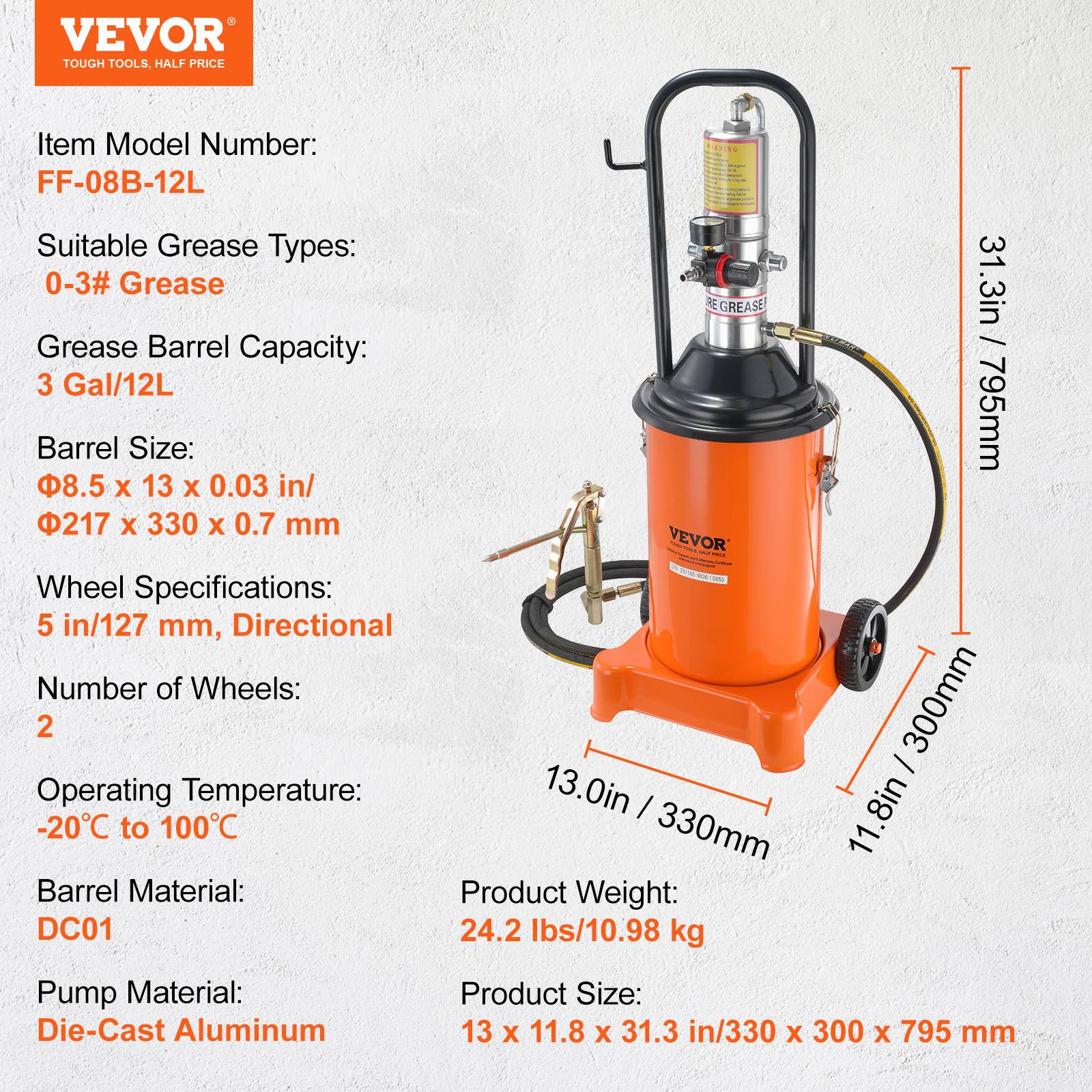 VEVOR Pompe graisse pneumatique 50:1, seau 12 L, tuyau 4 m, buse 360°. Roues. - Image 7