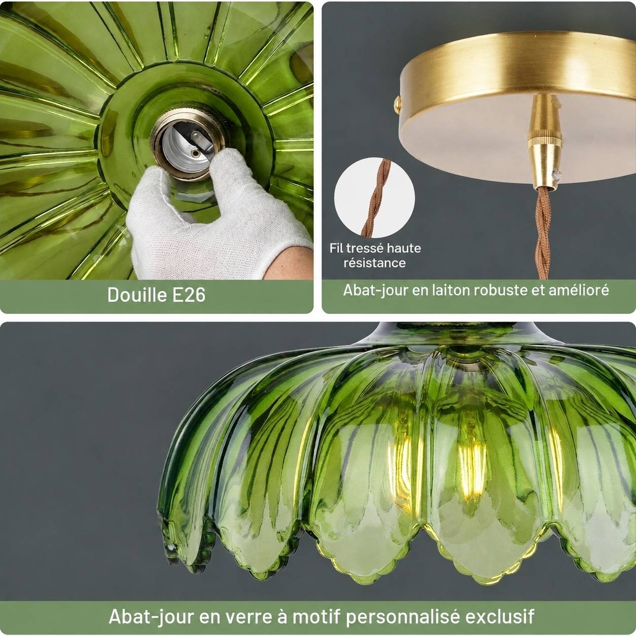 Lustre Vintage Art Déco Suspension Verre Vert E27 - Image 7