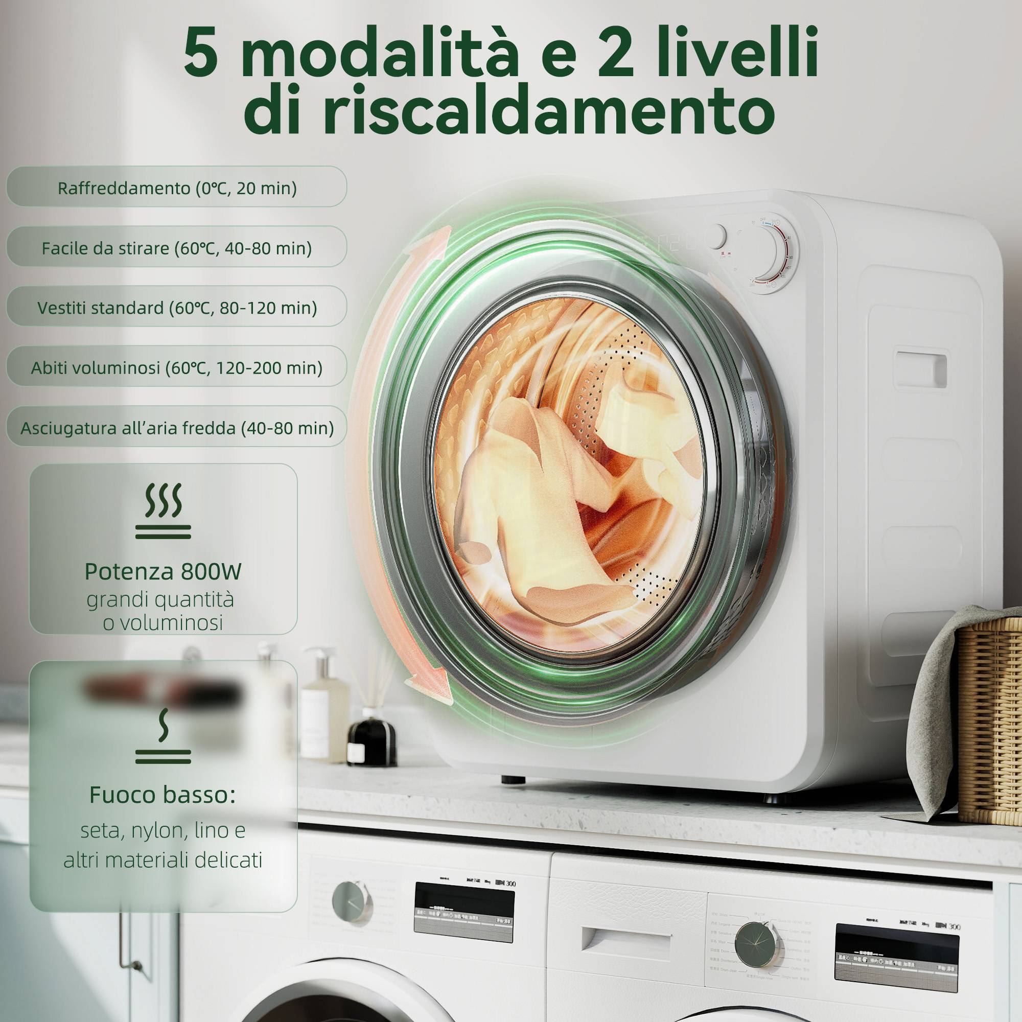 Mini sèche-linge portable 2,5kg, 5 programmes, 800/400W, chargement frontal, empilable/mural/autoportant, blanc - Image 6