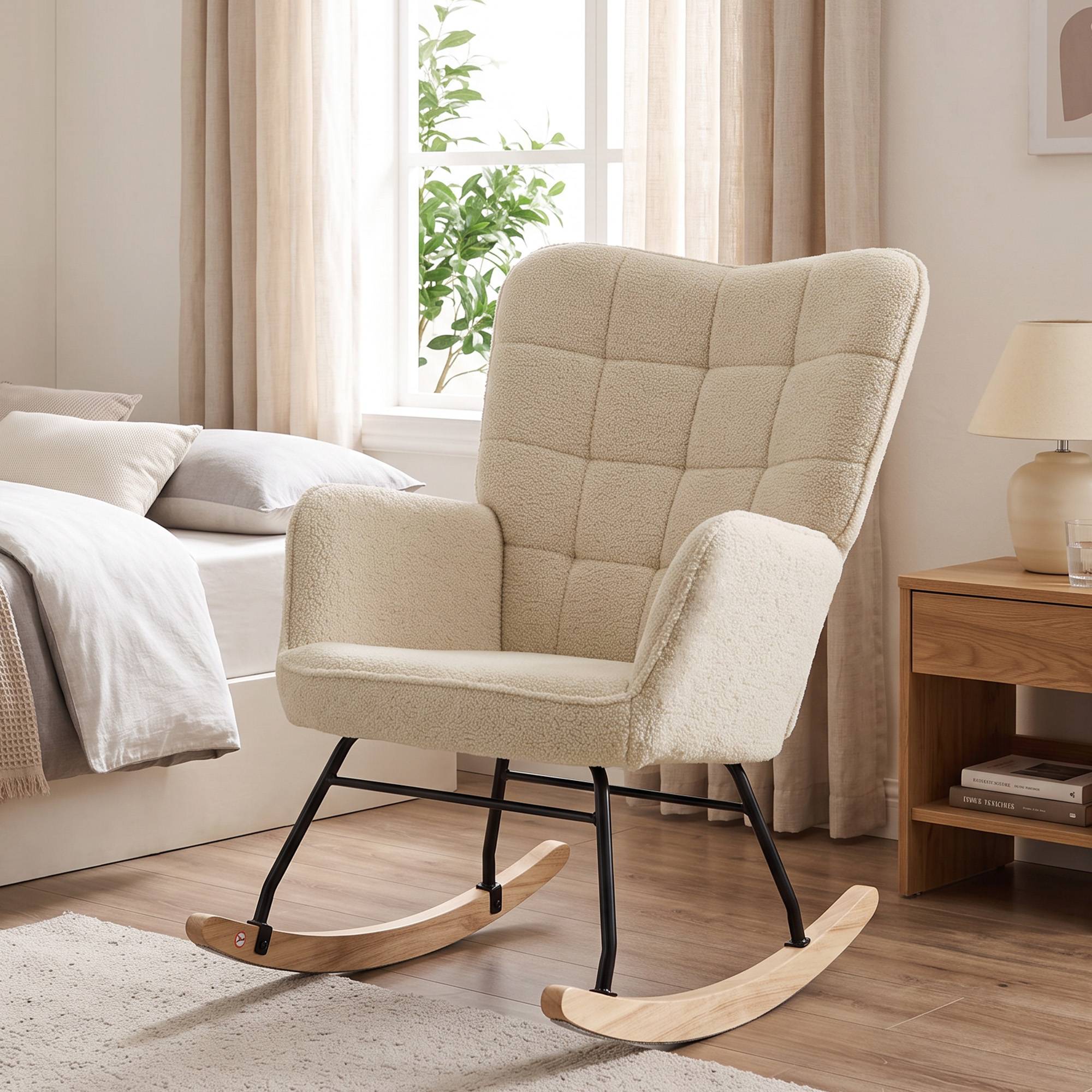 Fauteuil à bascule rocking chair revêtement effet laine bouclée, structure en acier 71 x 98 x 101 cm beige - Image 4