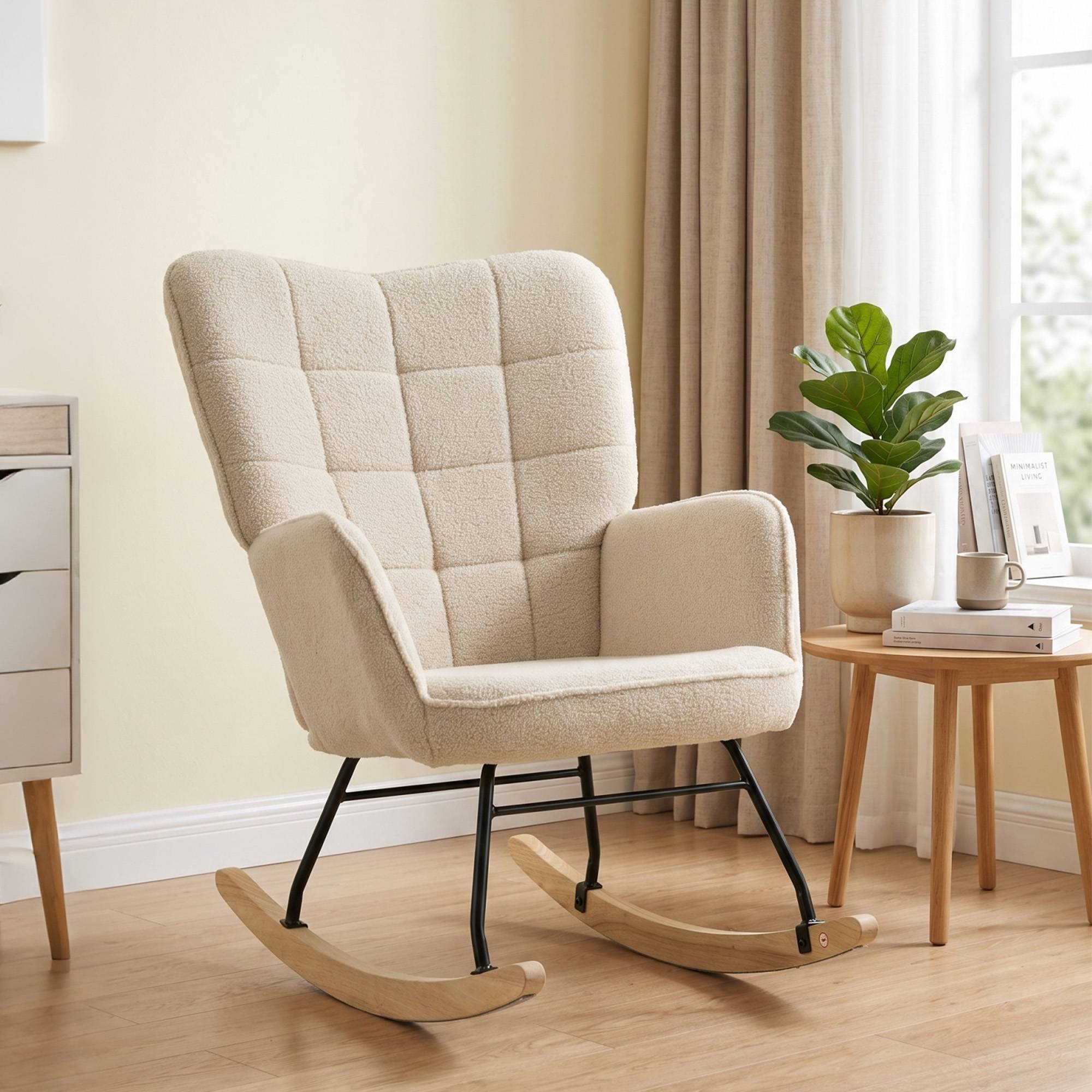 Fauteuil à bascule rocking chair revêtement effet laine bouclée, structure en acier 71 x 98 x 101 cm beige - Image 3