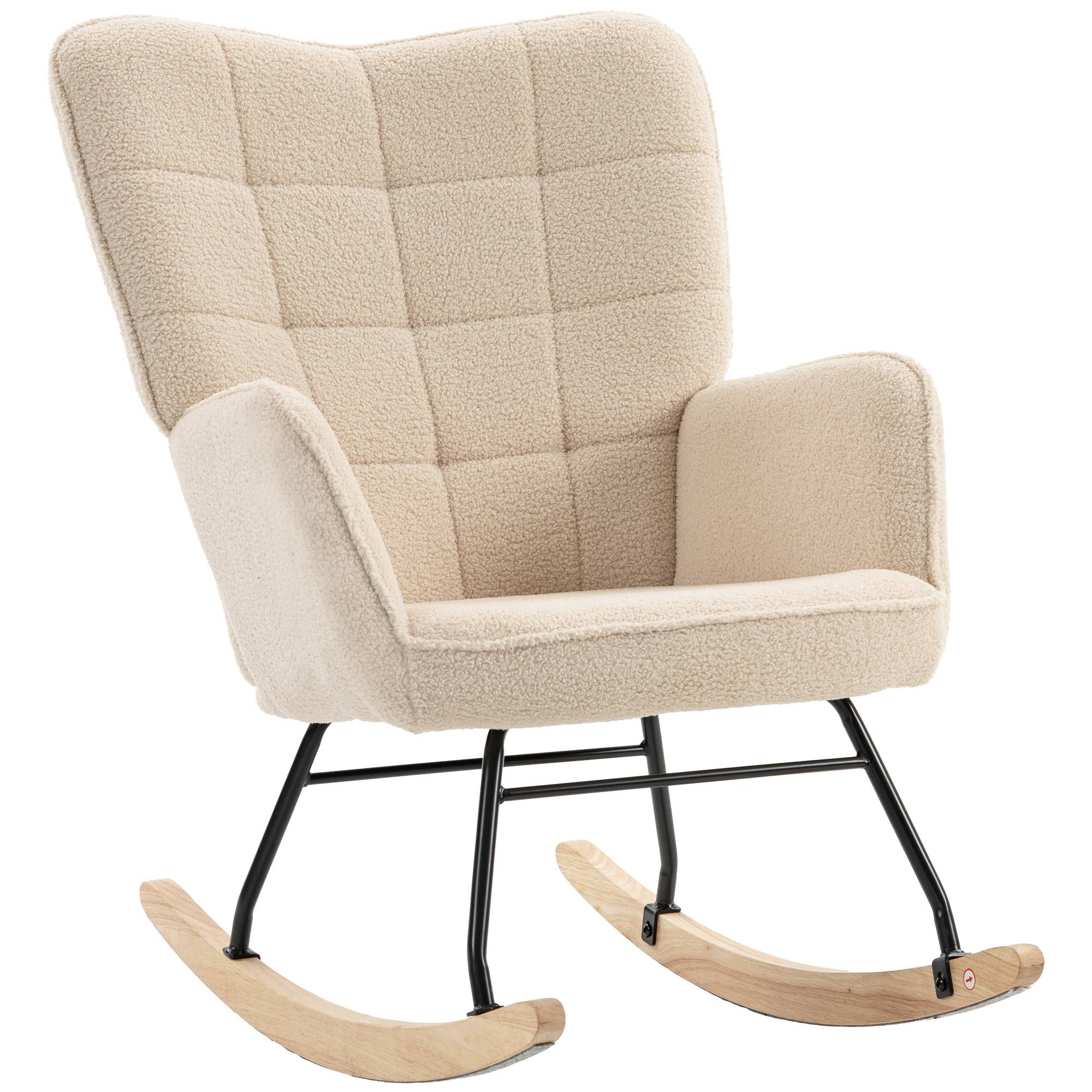 Fauteuil à bascule rocking chair revêtement effet laine bouclée, structure en acier 71 x 98 x 101 cm beige - Image 1