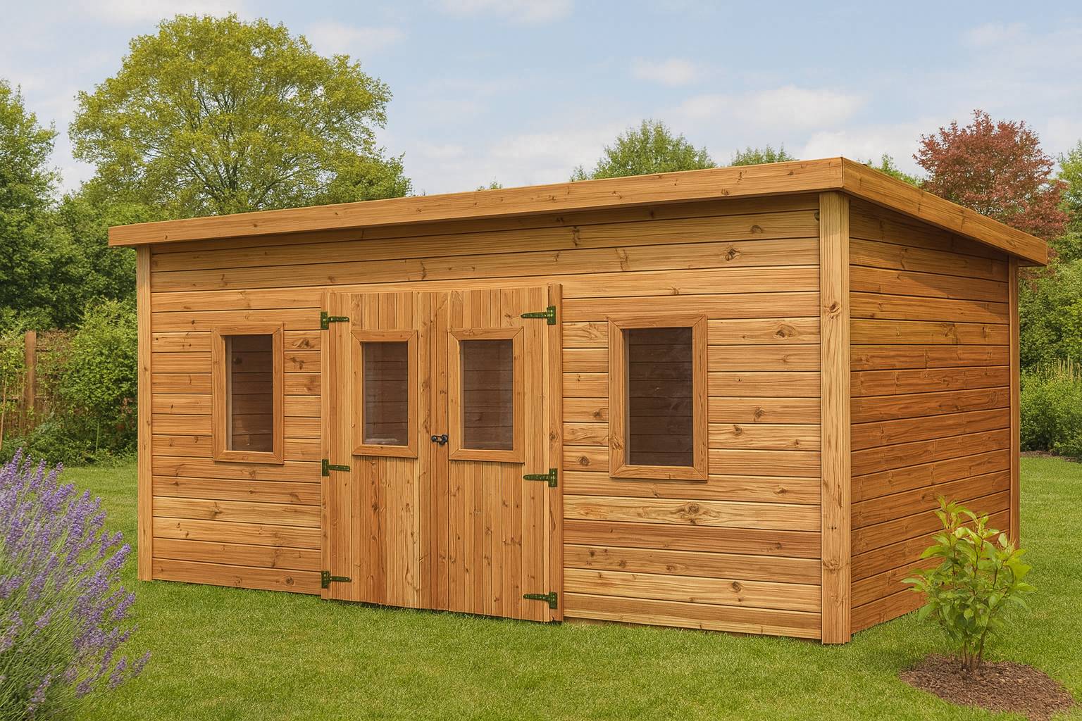 Habrita - Abri Madriers bois massif - 28 mm - surface extérieur 16,12 m2  -Toit monopente - Toiture polycarbonate double peau - Image 1