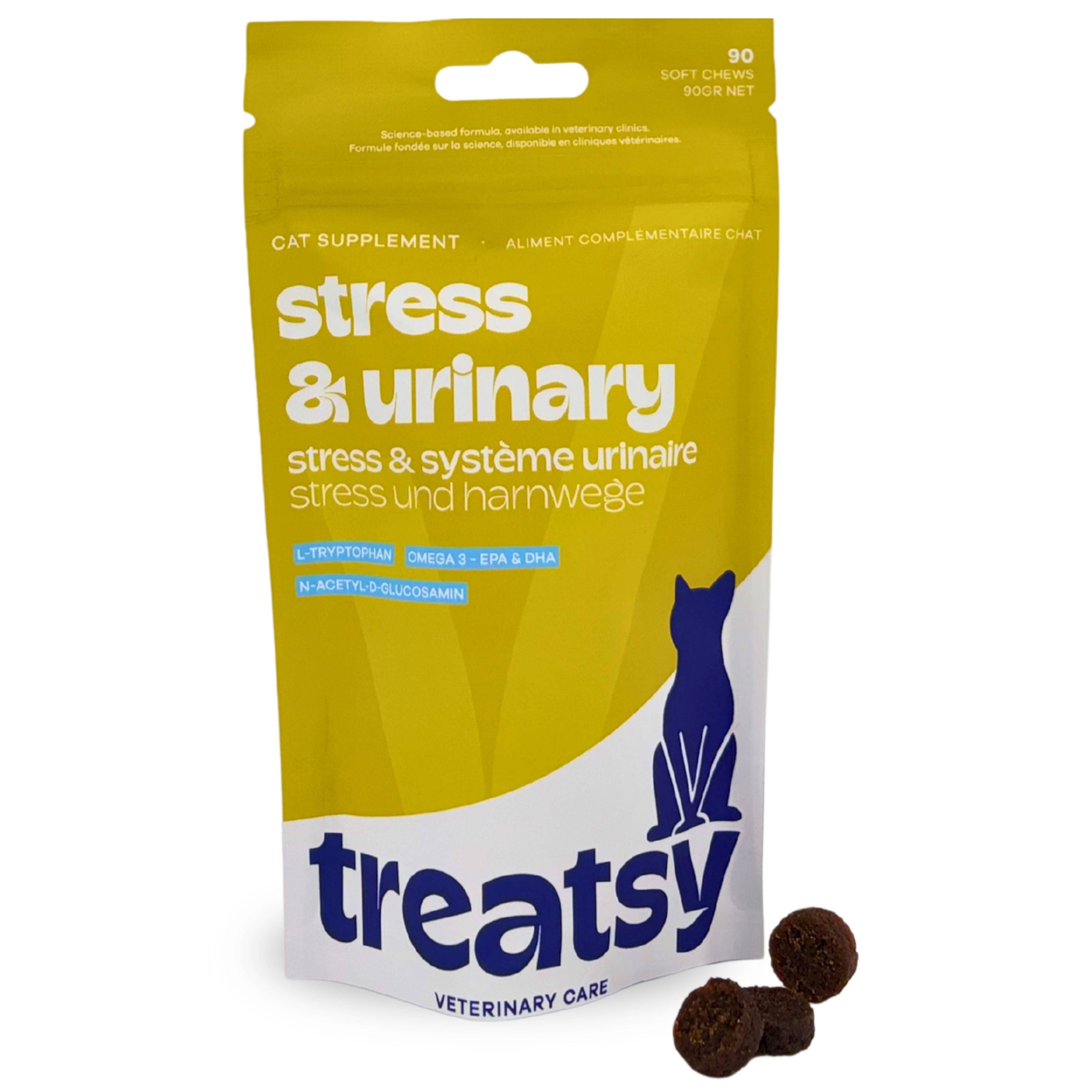 Bouchées Stress & Urinaire Chat – Complément Anti-Stress & Cystite Idiopathique Féline (CIF) – L-Tryptophane, Oméga-3, N-Acetyl-D-Glucosamine-Treatsy - Image 1