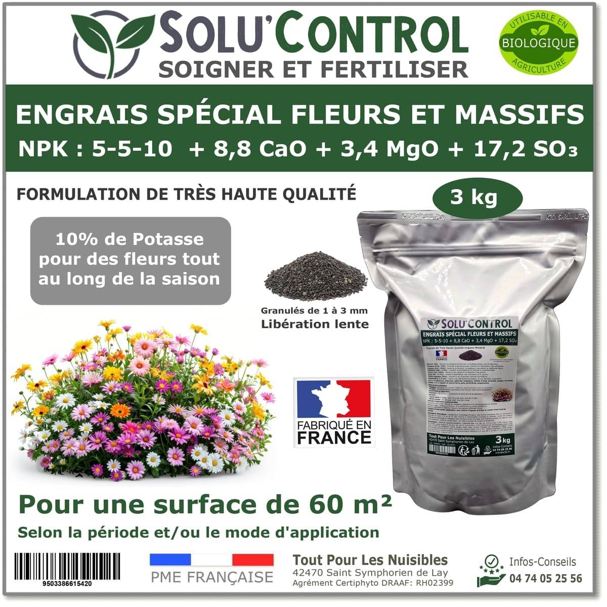 Tout pour les nuisibles - SOLU’CONTROL - 3 kg - Engrais Spécial Fleurs et Massifs NPK 5-5-10 - Favorise une floraison abondante, éclatante et durable - UAB