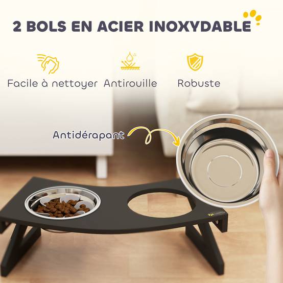 Gamelle chien surélevée avec support gamelle pour chien avec 2 bols en acier inoxydable de 1L 52,5 x 30 x 16,5 cm noir - Image 7