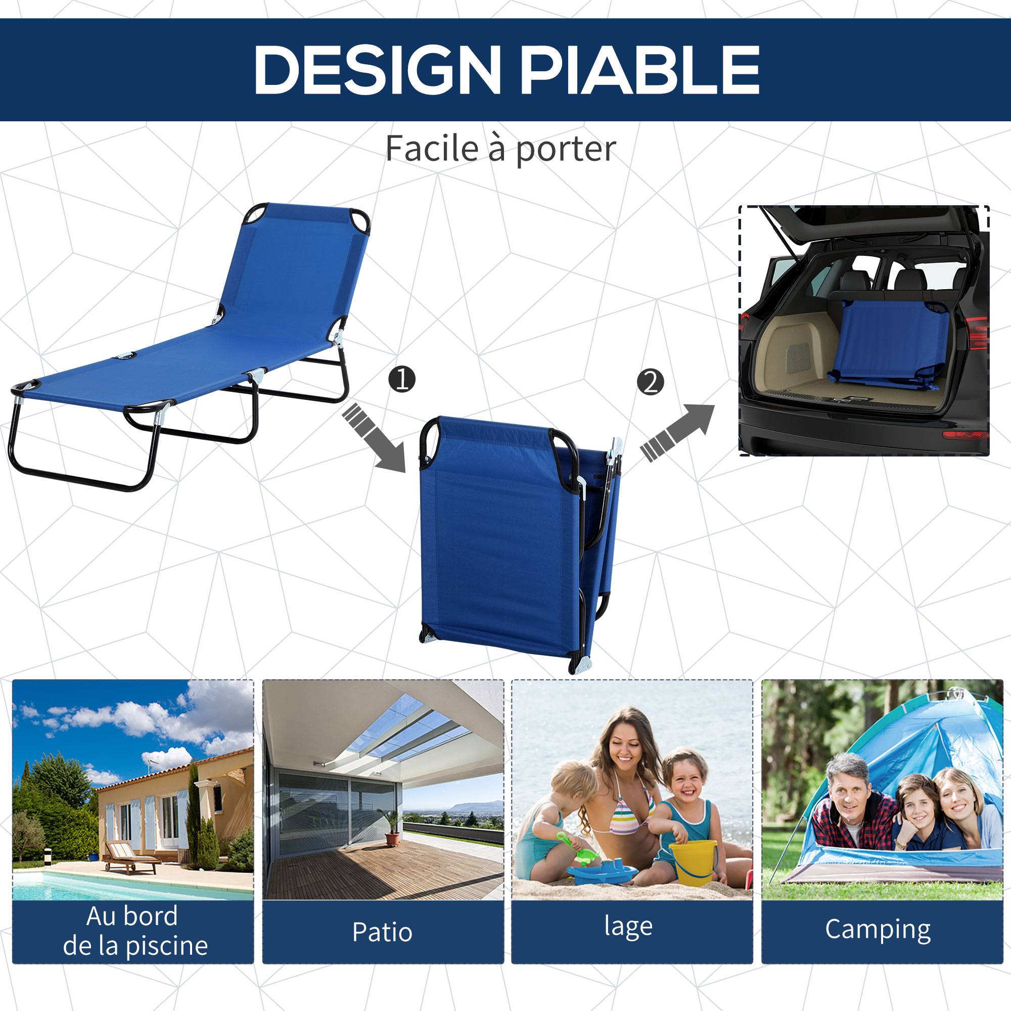 Transat pliable métal pour plage avec pare-soleil réglable 187x58x36cm bleu - ComfortXL Outdoor Living - Image 7