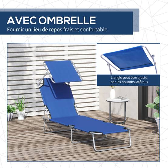 Transat pliable métal pour plage avec pare-soleil réglable 187x58x36cm bleu - ComfortXL Outdoor Living - Image 8