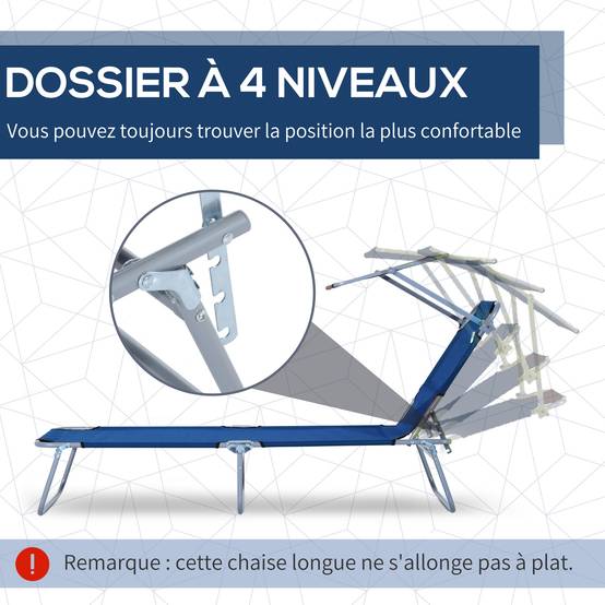 Transat pliable métal pour plage avec pare-soleil réglable 187x58x36cm bleu - ComfortXL Outdoor Living - Image 6