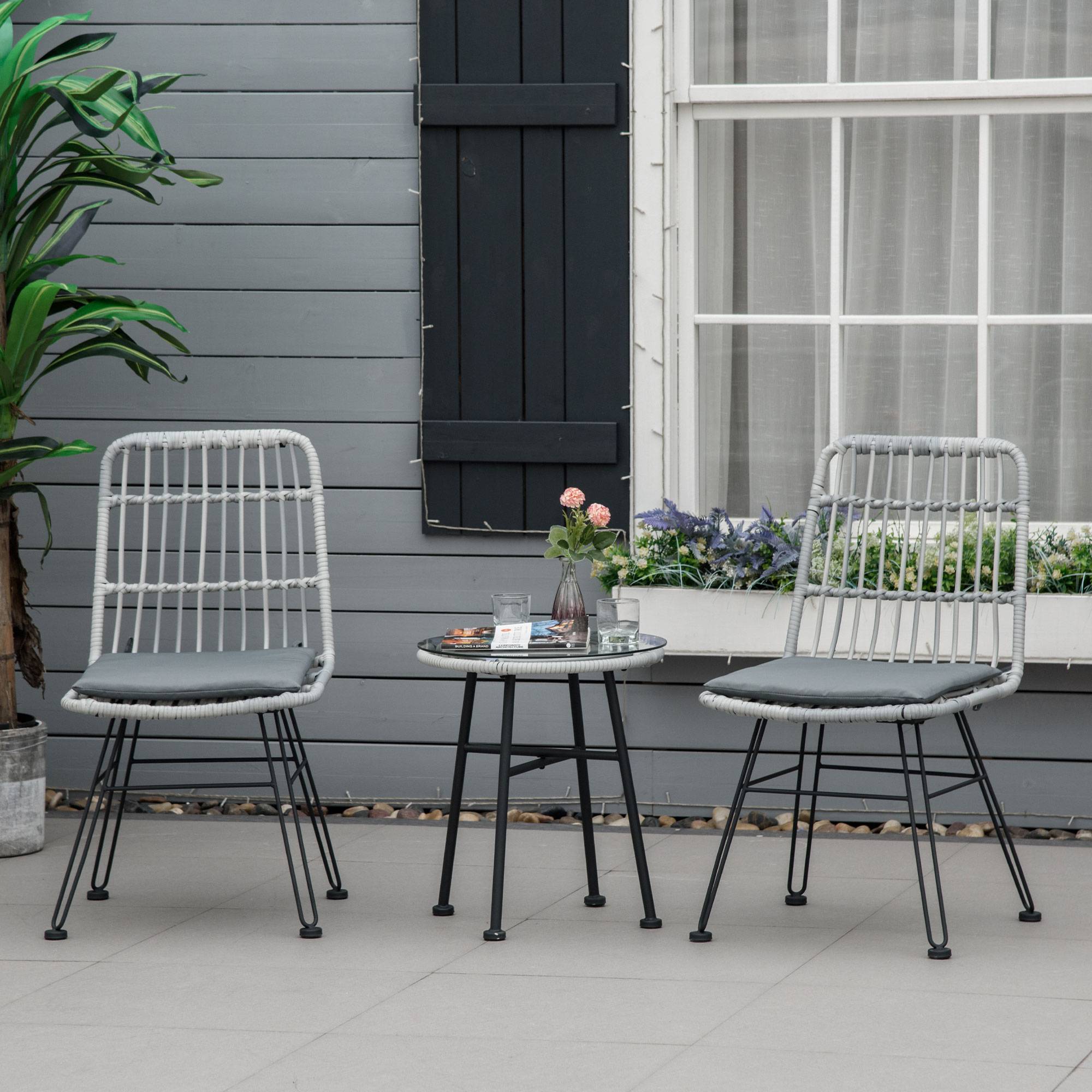 Sans Marque - Ensemble jardin 3 pièces PE rotin acier table basse verre 2 chaises gris - Image 4