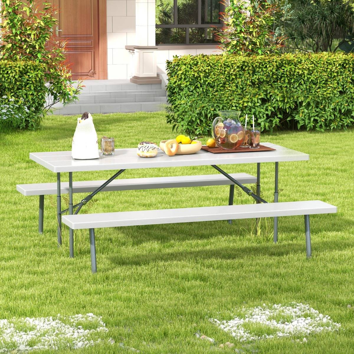 Ensemble Table et Bancs de Pique-Nique Pliable Ensemble de Jardin Cadre Métallique Plateau en HDPE 183x163x74cm Gris MAISON CHIC - Image 2