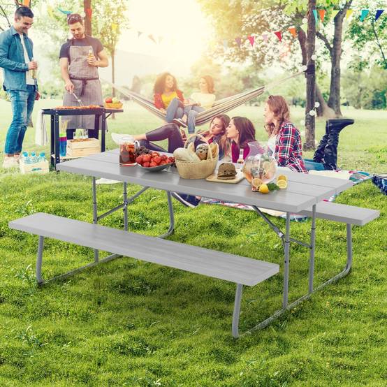 Ensemble Table et Bancs de Pique-Nique Pliable Ensemble de Jardin Cadre Métallique Plateau en HDPE 183x163x74cm Gris MAISON CHIC - Image 3
