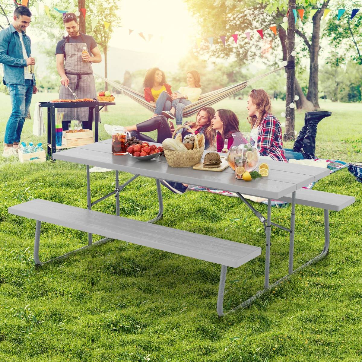 Ensemble Table et Bancs de Pique-Nique Pliable Ensemble de Jardin Cadre Métallique Plateau en HDPE 183x163x74cm Gris MAISON CHIC - Image 3