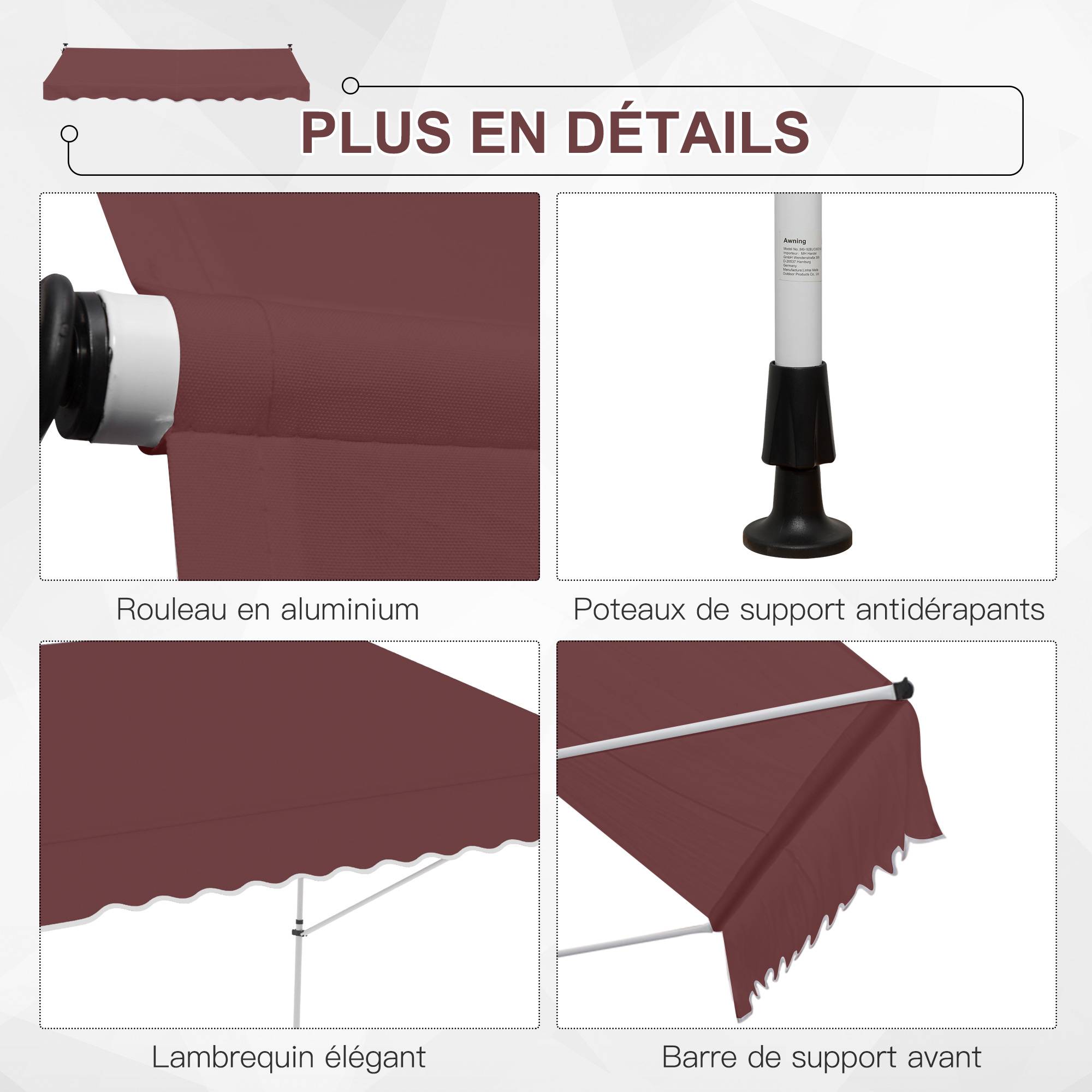 Store Banne Manuel Rétractable 3 x 1,5 m, Sans Perçage, Hauteur et Inclinaison Réglables, Aluminium et Polyester Anti-UV, Bordeaux - Image 9
