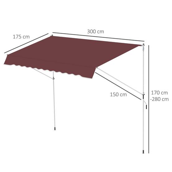 Store Banne Manuel Rétractable 3 x 1,5 m, Sans Perçage, Hauteur et Inclinaison Réglables, Aluminium et Polyester Anti-UV, Bordeaux - Image 5