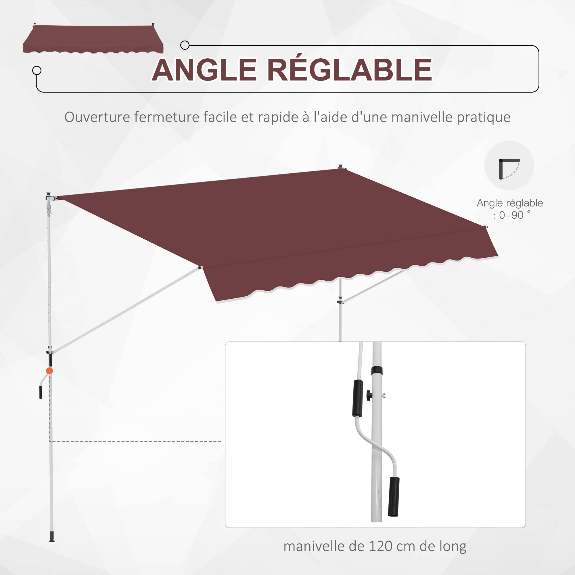 Store Banne Manuel Rétractable 3 x 1,5 m, Sans Perçage, Hauteur et Inclinaison Réglables, Aluminium et Polyester Anti-UV, Bordeaux - Image 8